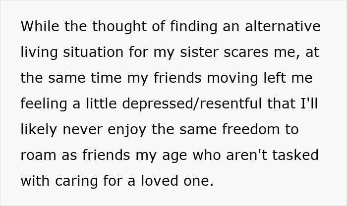 Caretaker expressing frustration after years of sacrificing career and dealing with constant guilt trips from sister. Caretaker expressing frustration after years of sacrificing career and dealing with constant guilt trips from sister.