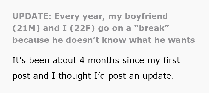 Text update about relationship break every year, discussing boyfriend and girlfriend taking breaks due to uncertainty Text update about relationship break every year, discussing boyfriend and girlfriend taking breaks due to uncertainty