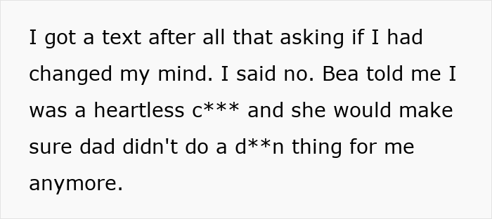 Text message exchange showing refusal to prepare 19YO for caregiver role for disabled stepsister and resulting conflict. Text message exchange showing refusal to prepare 19YO for caregiver role for disabled stepsister and resulting conflict.