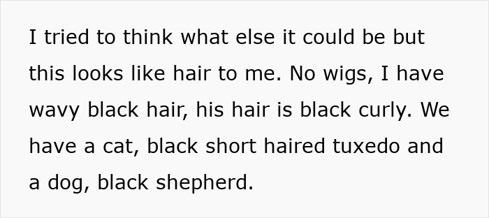 Text excerpt discussing discovery of wavy black hair while cleaning, hinting at serial cheater caught red-handed. Text excerpt discussing discovery of wavy black hair while cleaning, hinting at serial cheater caught red-handed.