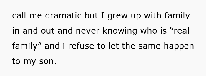 Text on a white background about family struggles and refusing to let confusion about real family affect one’s son. Text on a white background about family struggles and refusing to let confusion about real family affect one’s son.