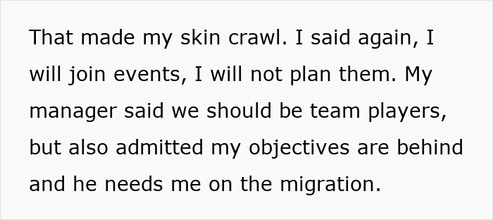 Text excerpt about an analyst refusing to plan parties or stock snacks while focusing on migration tasks at work.