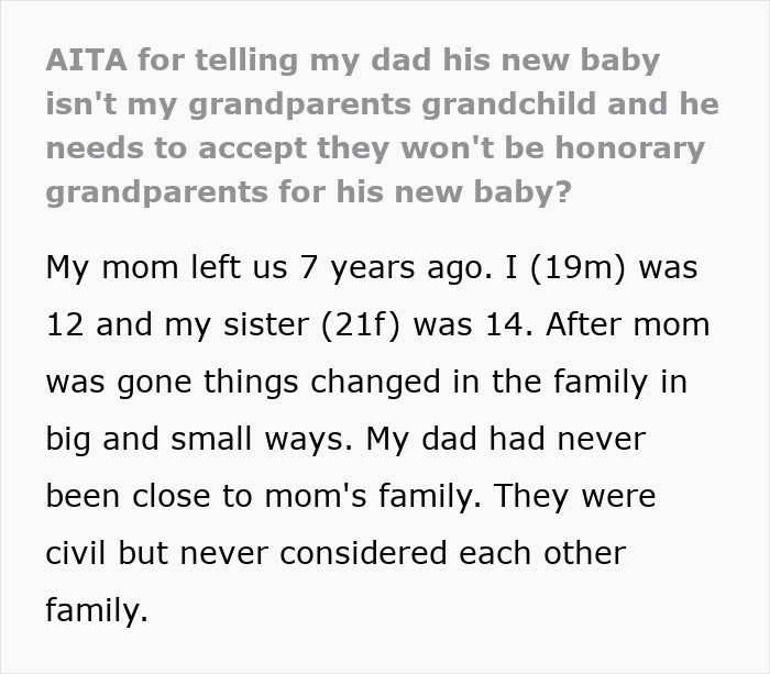 Text excerpt about a dad cutting off late wife’s family and teen confronting him over new baby and family ties. Text excerpt about a dad cutting off late wife’s family and teen confronting him over new baby and family ties.