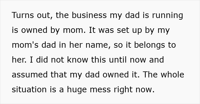 Text on white background describing a confusing family business ownership situation causing a huge mess.