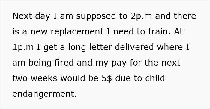 Text excerpt describing a babysitter fired with false accusations after rude, rich folks blame her for missing their business trip.