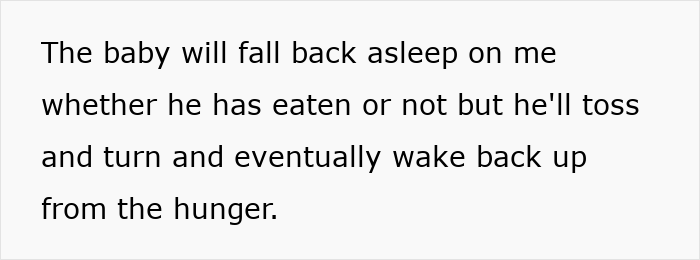Text discussing a burnt-out wife explaining the baby falls asleep then wakes due to hunger despite attempts to feed.