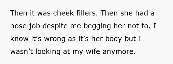 Text excerpt about husband feeling unattracted after wife’s plastic surgery including cheek fillers and nose job.