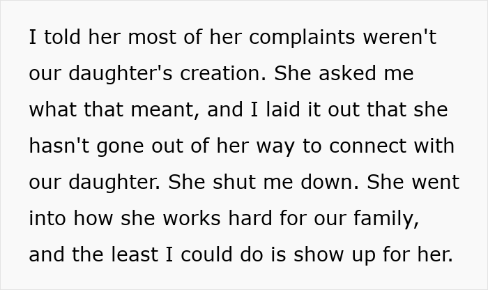 Text discussing a man feeling like a single parent as his wife prioritizes work over connecting with their 10-year-old daughter. Text discussing a man feeling like a single parent as his wife prioritizes work over connecting with their 10-year-old daughter.