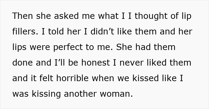Text excerpt describing husband unattracted to wife after plastic surgery, mentioning lip fillers and changed feelings.