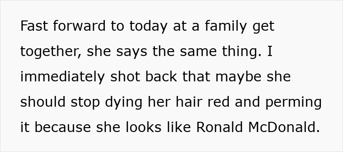 Text excerpt about a family get-together where a lady is called Ronald McDonald due to her red hair and nose ring.