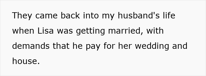 Text excerpt from a story involving stepdaughters disowning their stepmother due to wedding and house demands. Text excerpt from a story involving stepdaughters disowning their stepmother due to wedding and house demands.