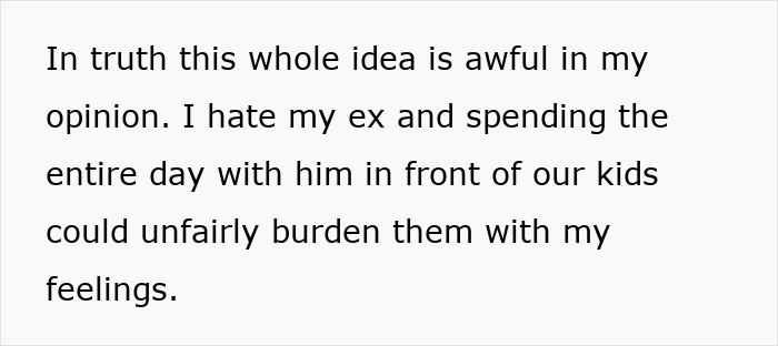 Text on a white background expressing dislike for hosting a blended family Christmas with ex and affair kids.