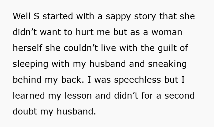 Alt text: Woman sharing a story about guilt and betrayal while trying to drive a wedge between brother and his wife.