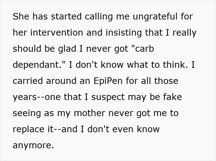 Text excerpt about carrying a possibly fake EpiPen due to parents lied about allergies causing long-term confusion and distrust.