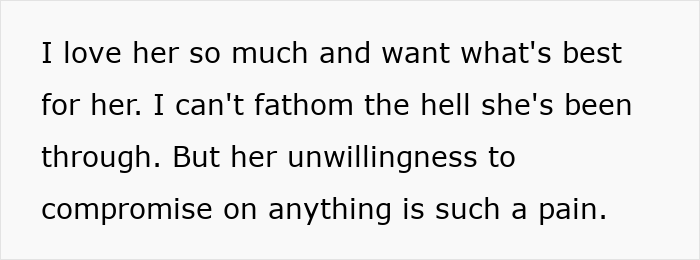 Text on a white background expressing frustration about a loved one's unwillingness to compromise despite hardships, related to caretaker sacrifices. Text on a white background expressing frustration about a loved one's unwillingness to compromise despite hardships, related to caretaker sacrifices.