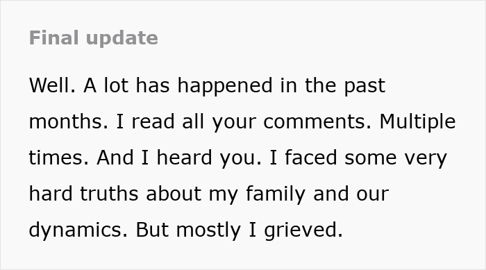 Text excerpt revealing sister's grief after discovering brother's lie, reflecting on family dynamics and emotional struggle.