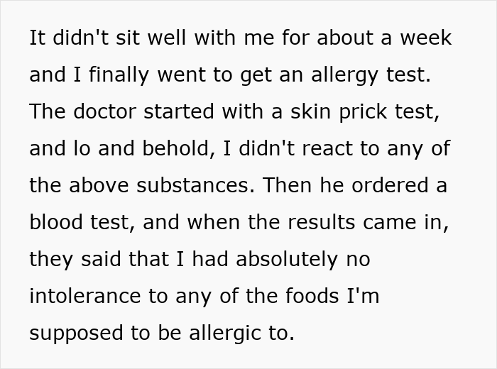 Text excerpt describing allergy test results revealing no food intolerance despite previous assumptions by parents lying about allergies.