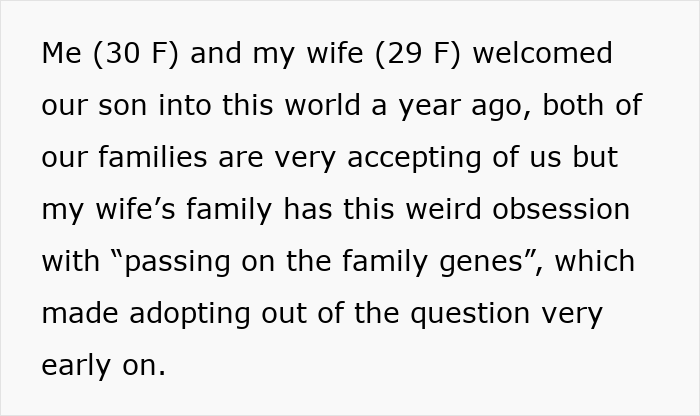 Text excerpt about a husband helping sister-in-law conceive using IVF and family reactions to genetics. Text excerpt about a husband helping sister-in-law conceive using IVF and family reactions to genetics.