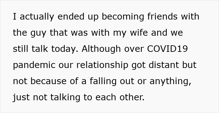 Text excerpt about a man happy after his ex-wife caught cheating, describing changed relationships post-COVID19 pandemic. Text excerpt about a man happy after his ex-wife caught cheating, describing changed relationships post-COVID19 pandemic.