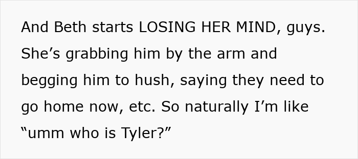 Text showing a sister revealing her dead brother’s lie as she grabs him by the arm, begging him to hush and go home now.