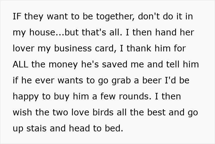 Text excerpt showing a man happy about his ex-wife caught cheating, expressing calm and gratitude. Text excerpt showing a man happy about his ex-wife caught cheating, expressing calm and gratitude.