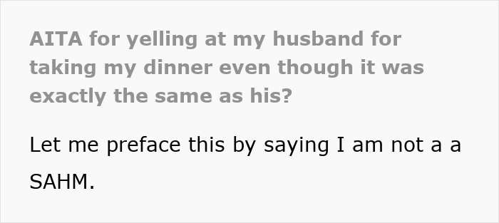 Text showing a wife frustrated with husband who leaves domestic chores to her and expects dinner served without help. Text showing a wife frustrated with husband who leaves domestic chores to her and expects dinner served without help.