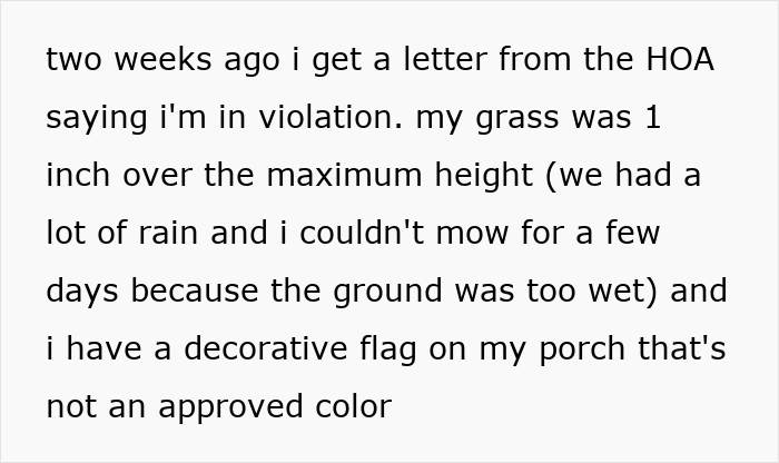 Text about HOA snitching over grass height violation and flags, illustrating petty neighbor war using rules and measurements.