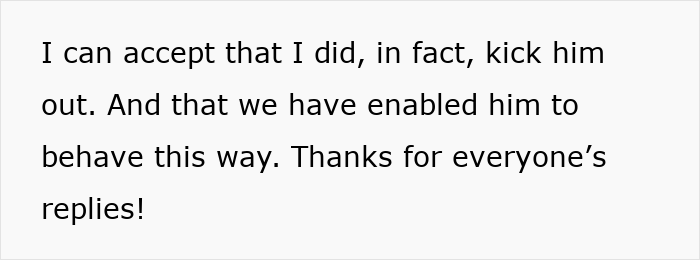 Text post showing a parent admitting to kicking out their 20-year-old child after stealing money and mooching off them. Text post showing a parent admitting to kicking out their 20-year-old child after stealing money and mooching off them.