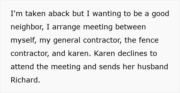Meeting arranged with general contractor, fence contractor, and Karen Petty amid fence revenge dispute. Meeting arranged with general contractor, fence contractor, and Karen Petty amid fence revenge dispute.
