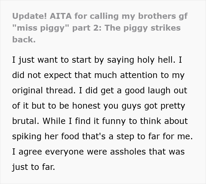 Text discussing drama over woman calling brother’s girlfriend Miss Piggy after she eats food, sharing her reaction and apology. Text discussing drama over woman calling brother’s girlfriend Miss Piggy after she eats food, sharing her reaction and apology.