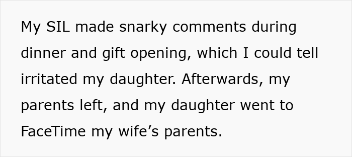 Text excerpt showing a grieving dad’s daughter upset by sister-in-law’s mocking comments during birthday gift opening.