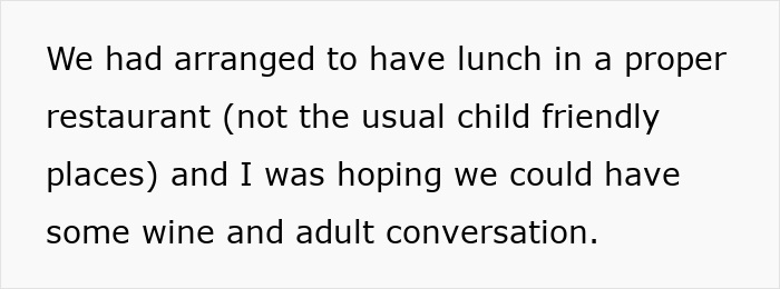 Text about arranging lunch in a proper restaurant with hope for adult conversation and wine.