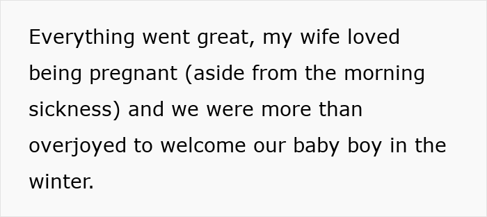 Text on white background stating a husband shares joy of wife’s pregnancy and welcoming their baby boy in winter. Text on white background stating a husband shares joy of wife’s pregnancy and welcoming their baby boy in winter.