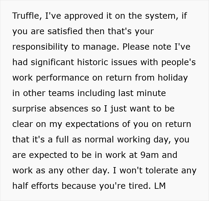 Email from boss blocking woman’s Tenerife vacay, citing concerns over work focus after holiday return. Email from boss blocking woman’s Tenerife vacay, citing concerns over work focus after holiday return.