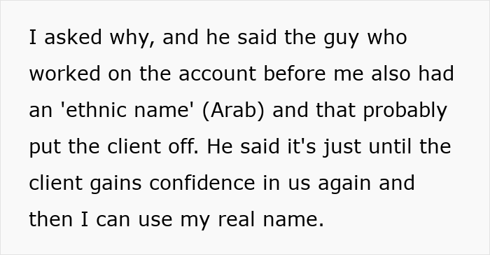 Conversation about Indian guy refusing to change his name for US client, risking his career due to ethnic name concerns.