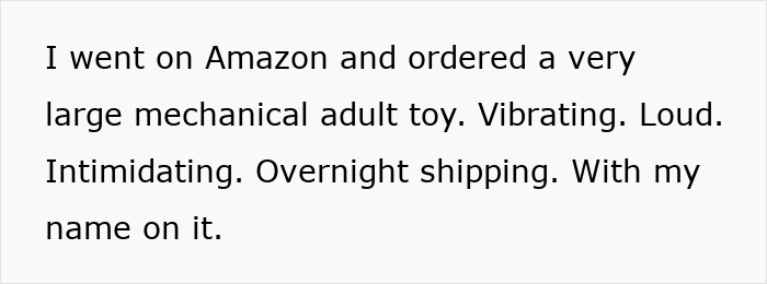 Text on screen showing a message about ordering a vibrating mechanical adult toy with overnight shipping and a name on it. Text on screen showing a message about ordering a vibrating mechanical adult toy with overnight shipping and a name on it.