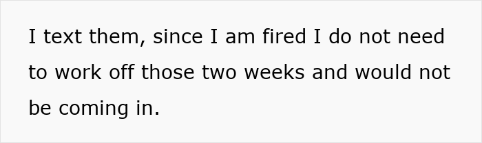 Text message on phone screen about a fired babysitter refusing to work during notice period in a conflict with rich folks.