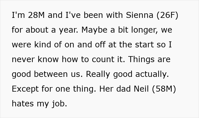 Text excerpt showing a man explaining his relationship and how her father dislikes his job, a funny guy mocking daughter's boyfriend.