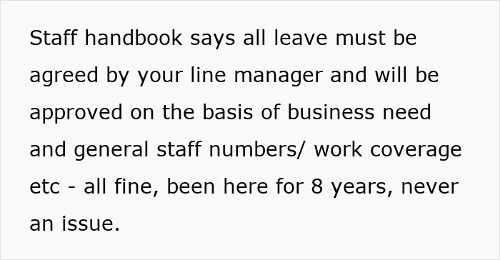 Text about staff leave approval and work coverage, related to woman’s Tenerife vacay blocked by boss over focus concerns. Text about staff leave approval and work coverage, related to woman’s Tenerife vacay blocked by boss over focus concerns.