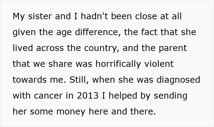 Text excerpt discussing a sister with a difficult past and sending money to help with cancer-related medical bills. Text excerpt discussing a sister with a difficult past and sending money to help with cancer-related medical bills.