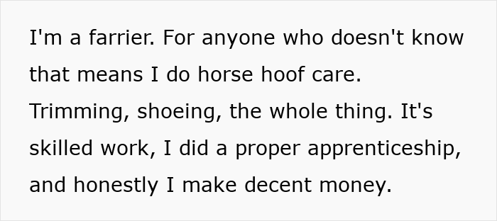 Text explaining farrier job, highlighting horse hoof care, apprenticeship, and skilled work with decent pay.