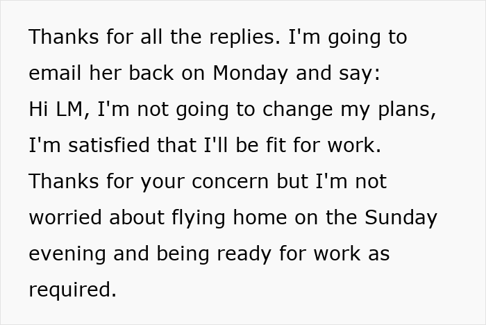 Text message showing woman firm on her Tenerife vacay plans despite boss fearing sun, sand, and cocktails will ruin her focus. Text message showing woman firm on her Tenerife vacay plans despite boss fearing sun, sand, and cocktails will ruin her focus.