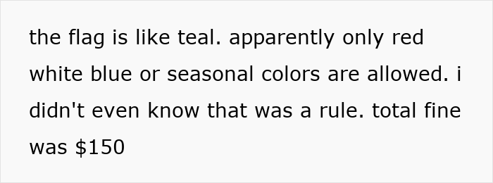 Partial screenshot of a text message discussing HOA flag color rules and a $150 fine related to a petty war over grass height.