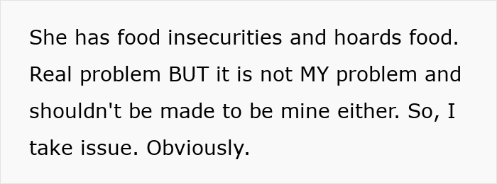 Text discussing a MIL with food insecurities who hogs Thanksgiving food and causes conflict with DIL.