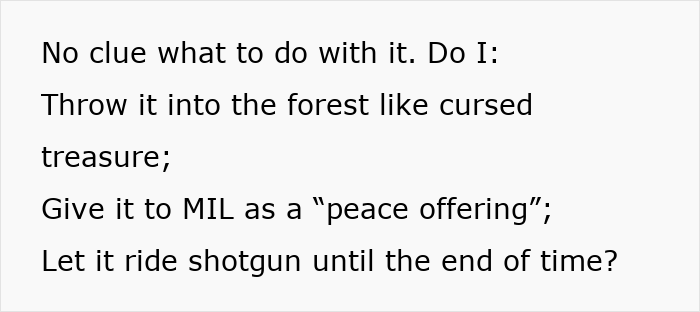 Text discussing uncertainty about what to do with an item, considering giving it to a nosy MIL as a peace offering. Text discussing uncertainty about what to do with an item, considering giving it to a nosy MIL as a peace offering.