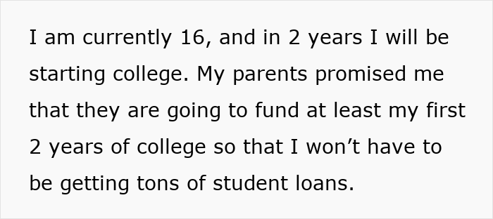 Text from a 16-year-old explaining plans for college fund and parents wanting to use money for cat surgery, teen refuses. Text from a 16-year-old explaining plans for college fund and parents wanting to use money for cat surgery, teen refuses.