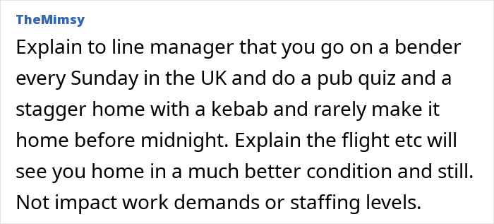 Screenshot of a user explaining how their Tenerife vacay was blocked by boss fearing sun, sand, and cocktails would ruin focus. Screenshot of a user explaining how their Tenerife vacay was blocked by boss fearing sun, sand, and cocktails would ruin focus.