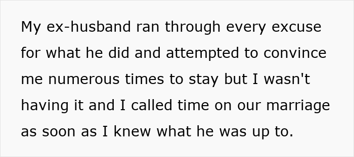 Text excerpt from a woman explaining why she ended her marriage due to her ex’s affair and refusal to accept blended family Christmas plans.