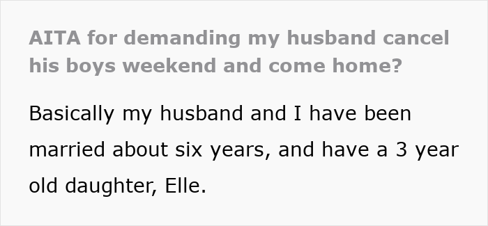 Text excerpt discussing a husband refusing to cancel boys trip despite a family emergency, hinting at an affair. Text excerpt discussing a husband refusing to cancel boys trip despite a family emergency, hinting at an affair.