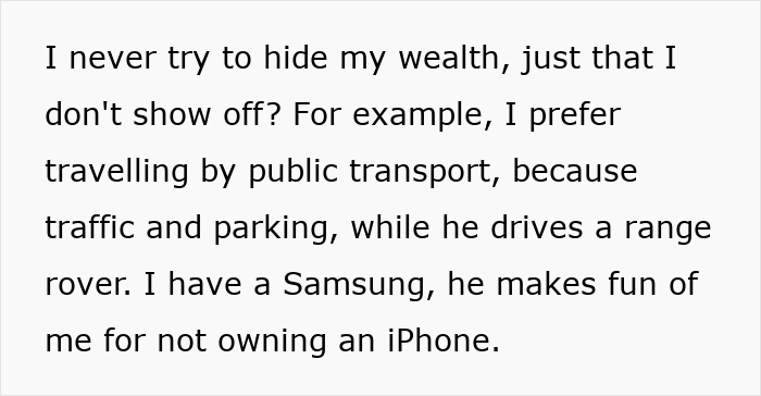 Text excerpt about a woman’s wealth preferences and future in-laws demanding a prenup before backtracking.